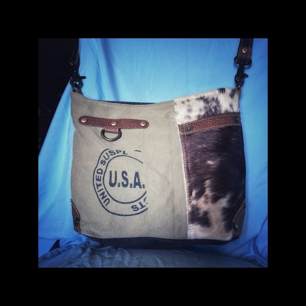 MYRA bag USA Stamp Upcycled Canvas and Hair-On Cowhide Leather Crossbody Bag